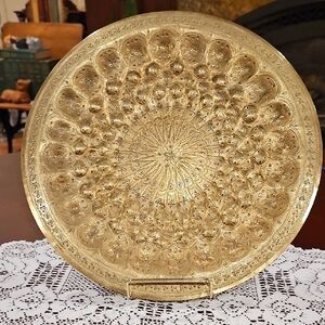 Etched & Hammered Round Brass Tray, Moroccan, 16"